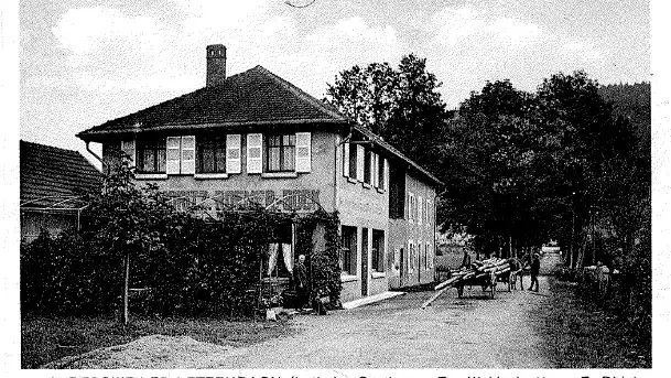 Maison à deux étages avec un jardin et une route menant à un cheval et une charrette, étiquetée "Gasthaus 'Zur Waldeslust'" à Albersweiler-Lettenbach