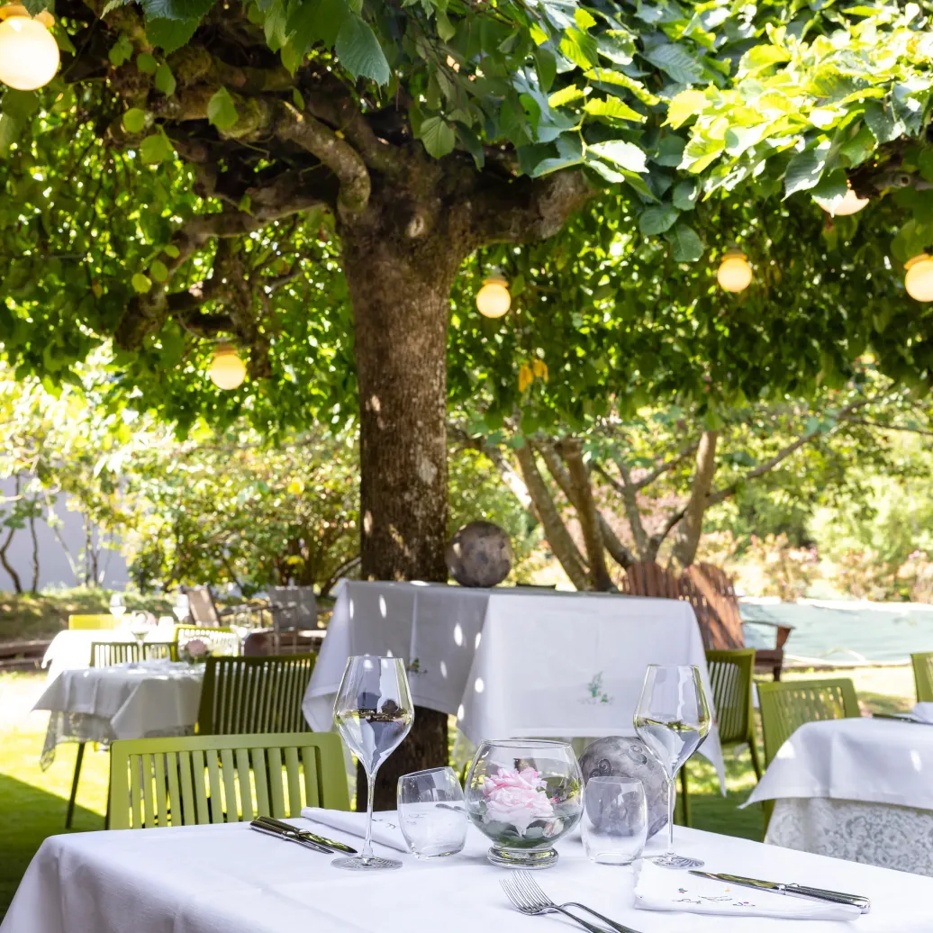 Table set outdoors under a green-leafed tree with wine glasses, cutlery, and a floral arrangement