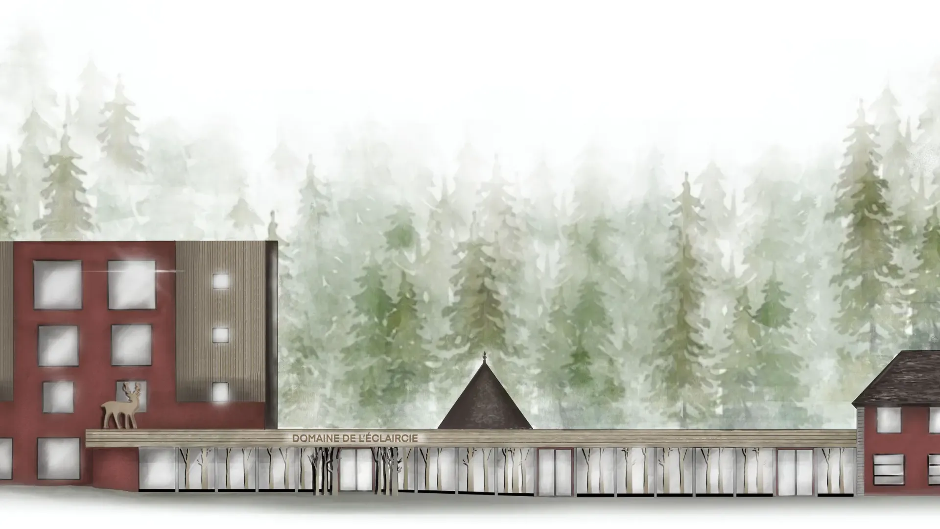 Ein rotes Gebäude mit Fenstern und einer Hirschskulptur, gelegen in einem Nadelwald mit einem Schild "Domaine de l'Éclaircie"