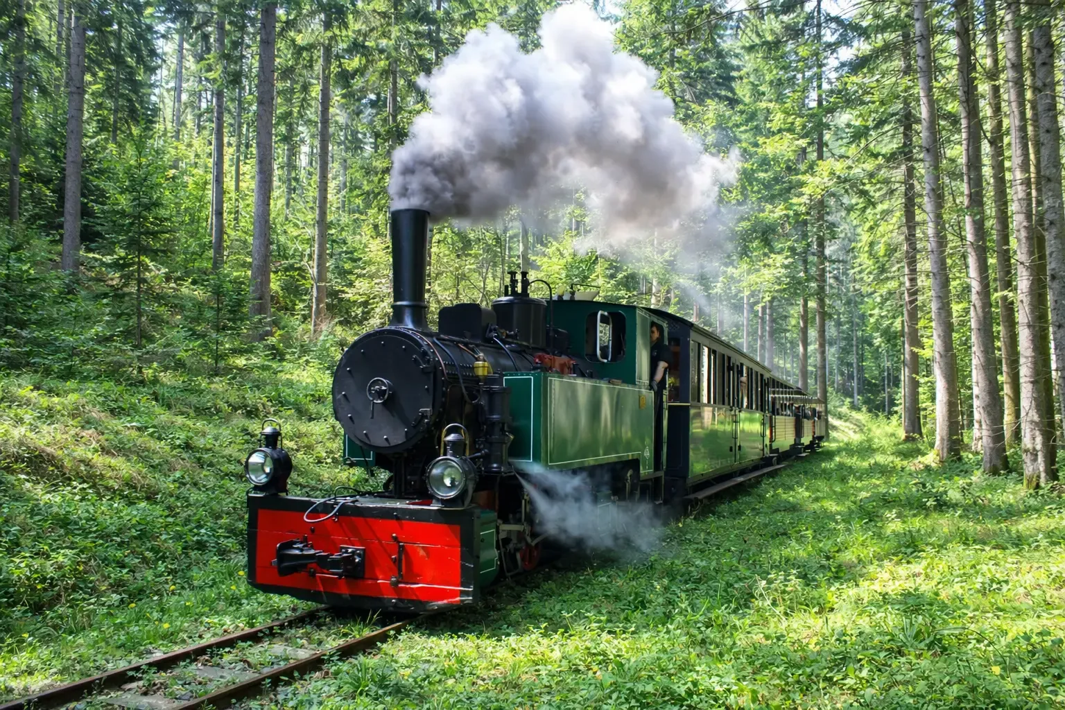 Steam locomotive emitting smoke, with visible tanks and pipes, in a wooded environment