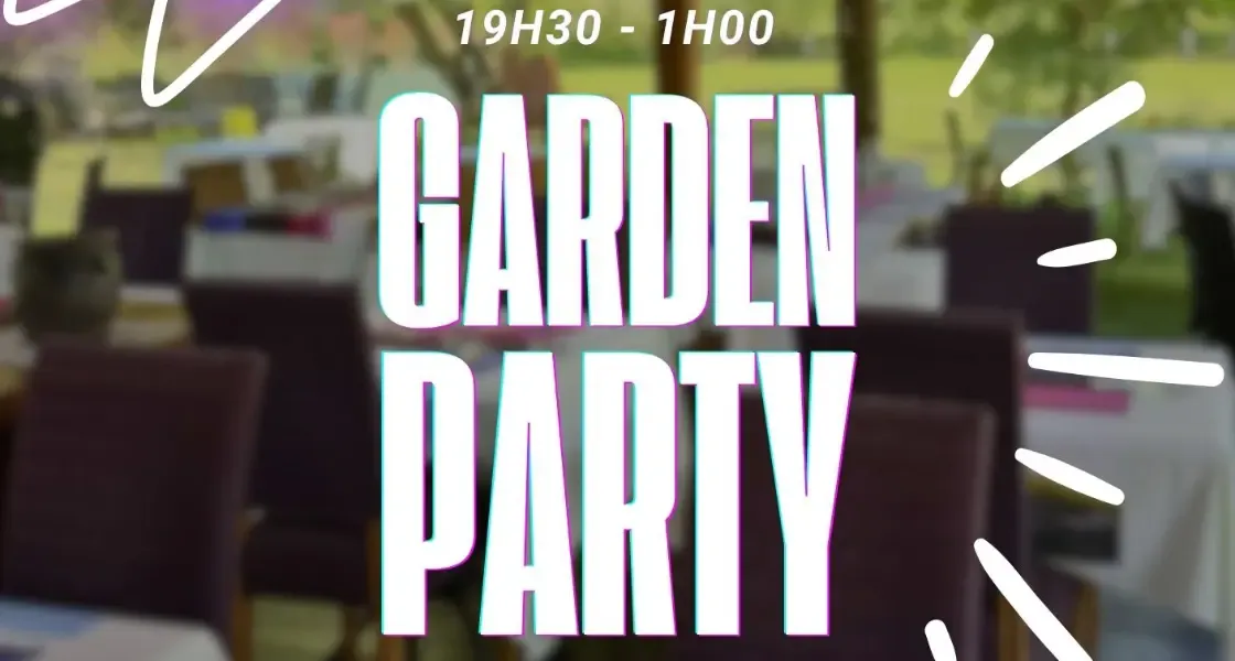 Affiche pour une garden party avec des tables et des chaises en extérieur, indiquant des horaires de 19h30 à 1h00