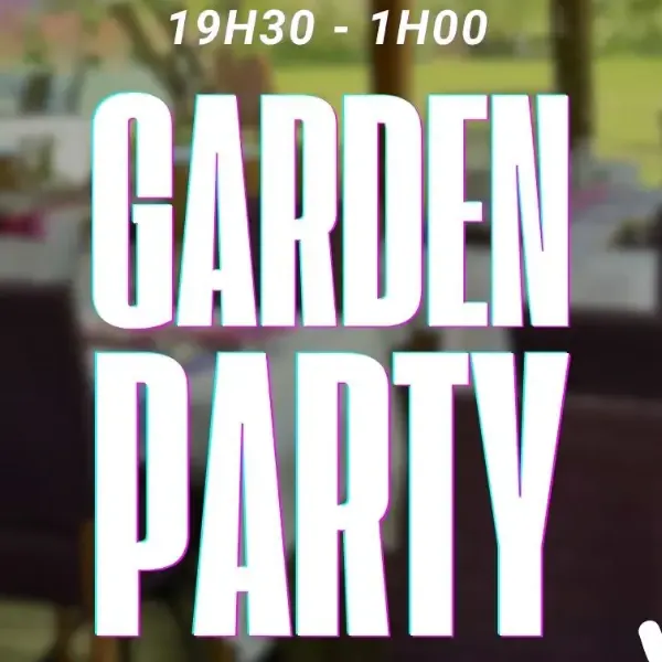 Plakat für eine Gartenparty mit Tischen und Stühlen im Freien, das Öffnungszeiten von 19:30 bis 1:00 Uhr angibt