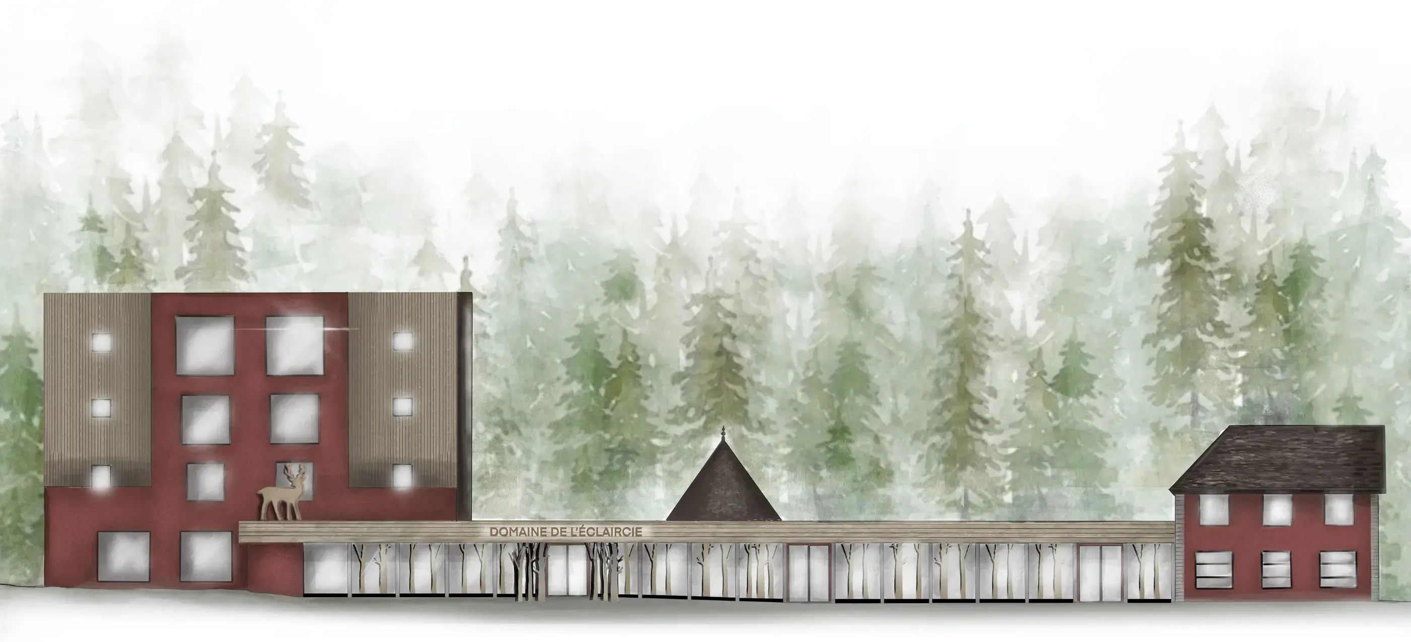 Ein rotes Gebäude mit Fenstern und einer Hirschskulptur, gelegen in einem Nadelwald mit einem Schild "Domaine de l'Éclaircie"